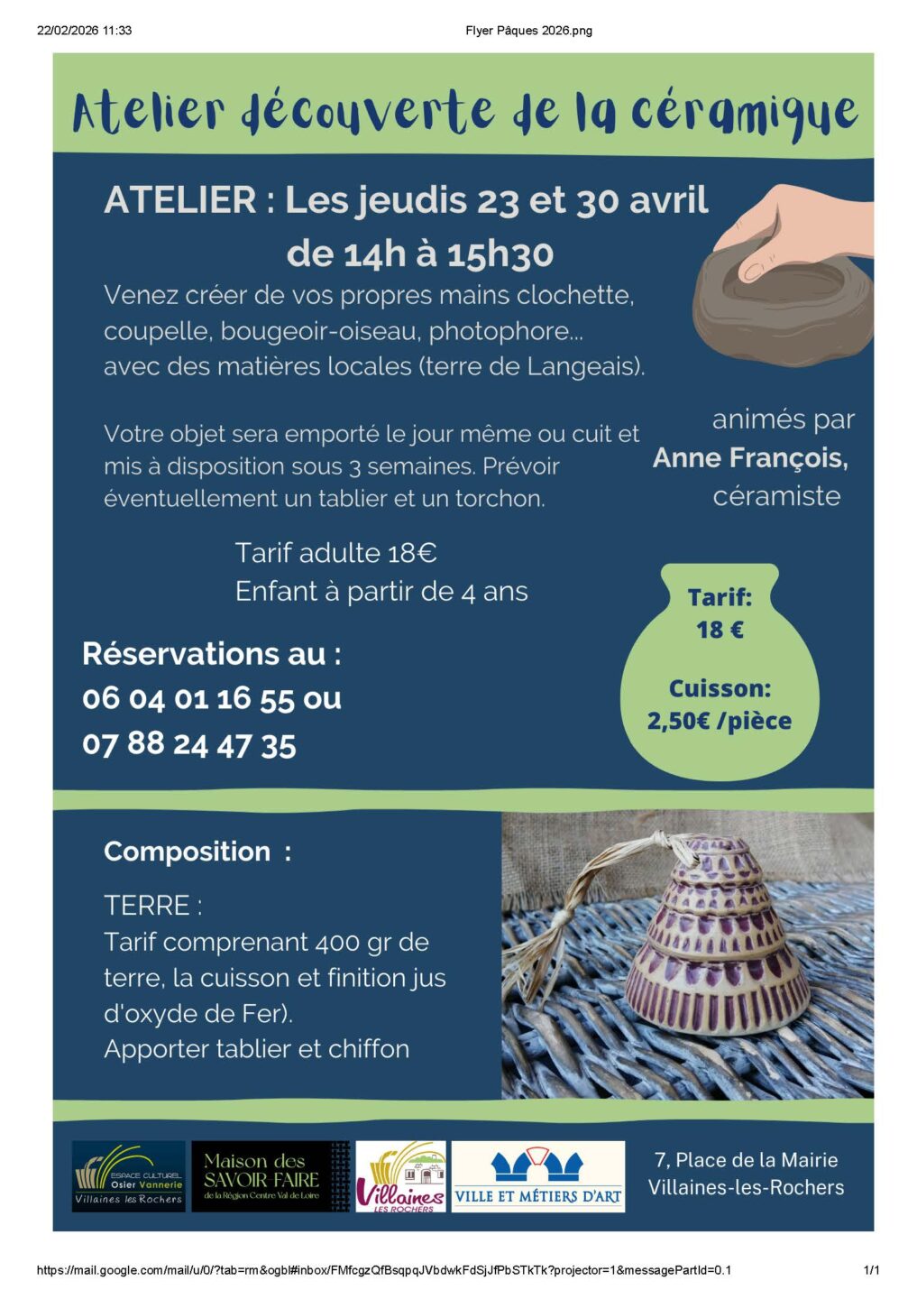 Atelier découverte de la céramique  Villaines-les-Rochers