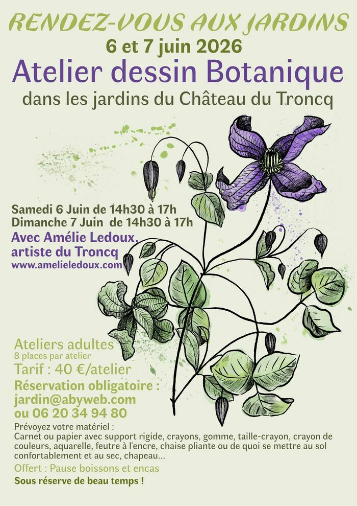 Atelier dessin botanique dans les jardins, Parc et jardins du château du Troncq, Le Troncq