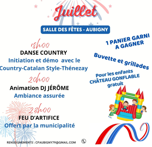 Aubigny Fête du village ! feu d’artifice, musique, danse country Salle des fêtes Aubigny
