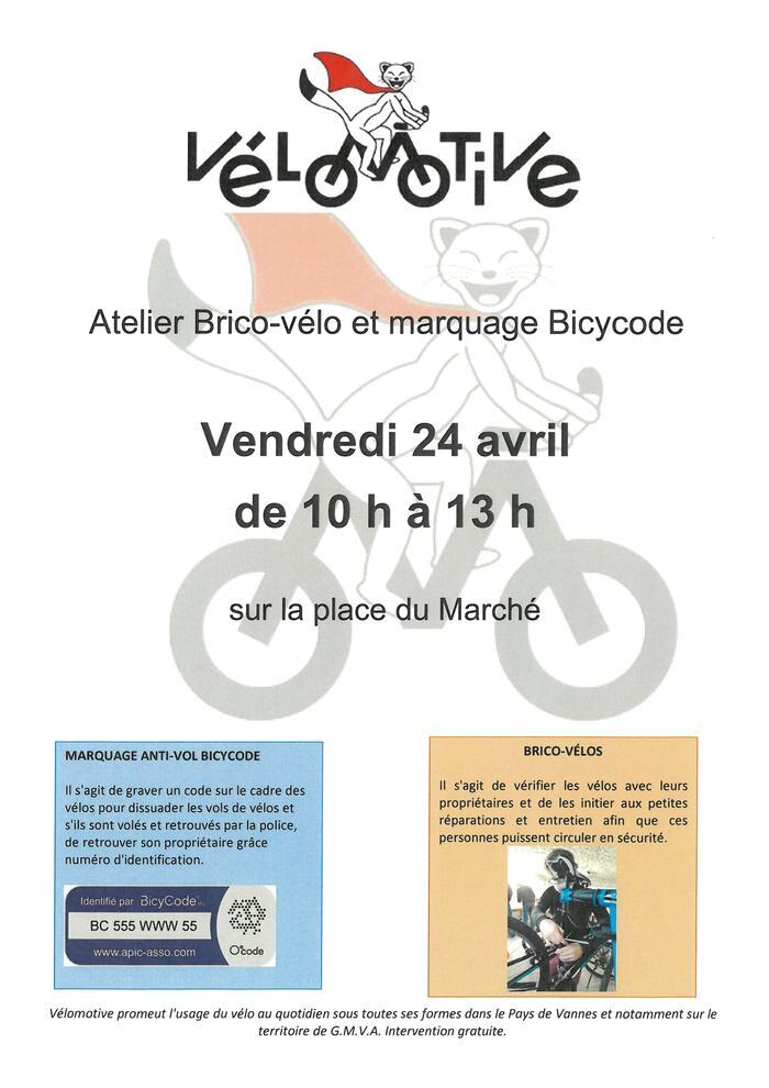 Brico-vélos et marquage Bicycode, Place du marché L&rsquo;ile aux Moines, Le Lério