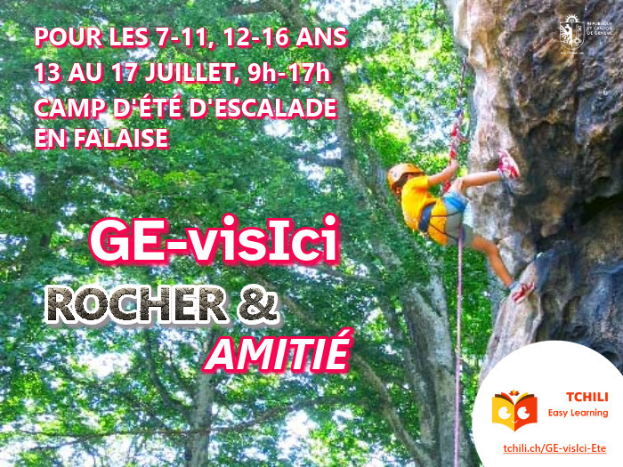 Camp d'escalade GE-visIci Rocher: camp de grimper en falaise pour Kids&Teens 7-11 et 12-16 ans. RDVs à Lancy et à Vernier P+R du Trèfle-Blanc Genève