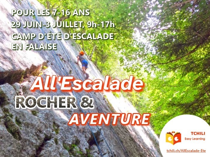 Camp d&rsquo;été de grimpe en montagne: All&rsquo;Escalade en falaise pour les 7-11 et 12-16 ans. RDVs à Lancy et à Vernier, P+R du Trèfle-Blanc, Genève