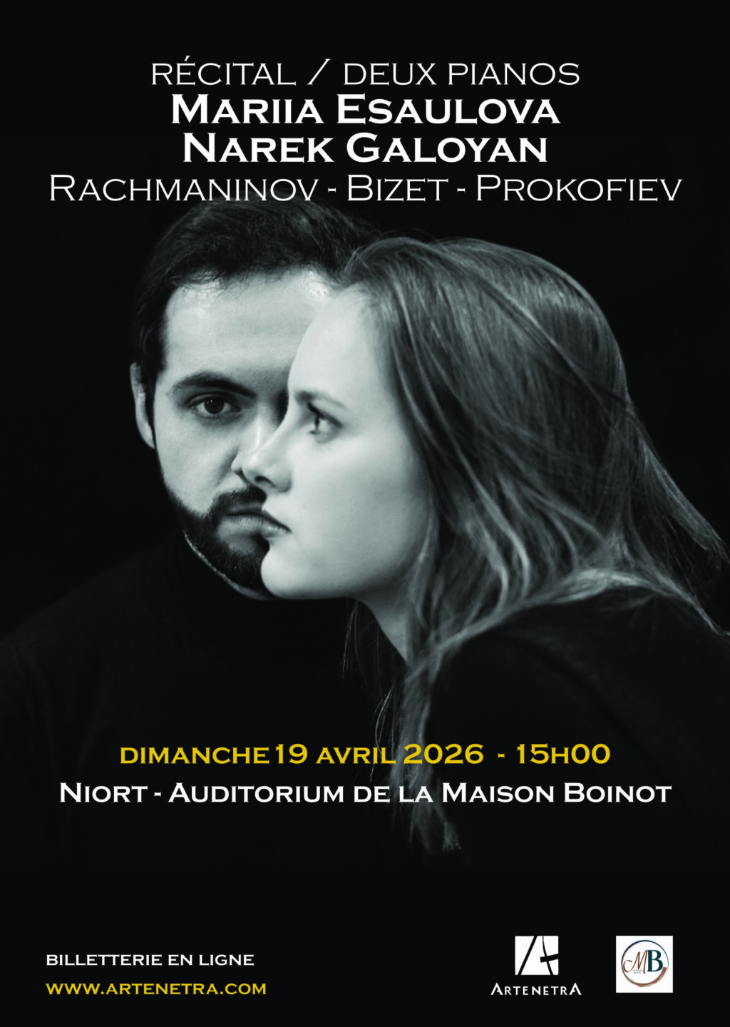 Concert à 2 pianos Mariia Esaulova et Narek Galoyan à Niort Auditorium de La Maison Boinot Niort