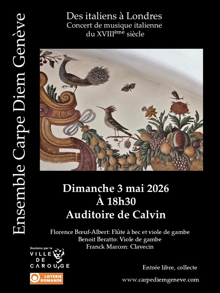 Concert de musique italienne du XVIIIème siècle par l'Ensemble Carpe Diem Genève. Avec Flûte à bec
