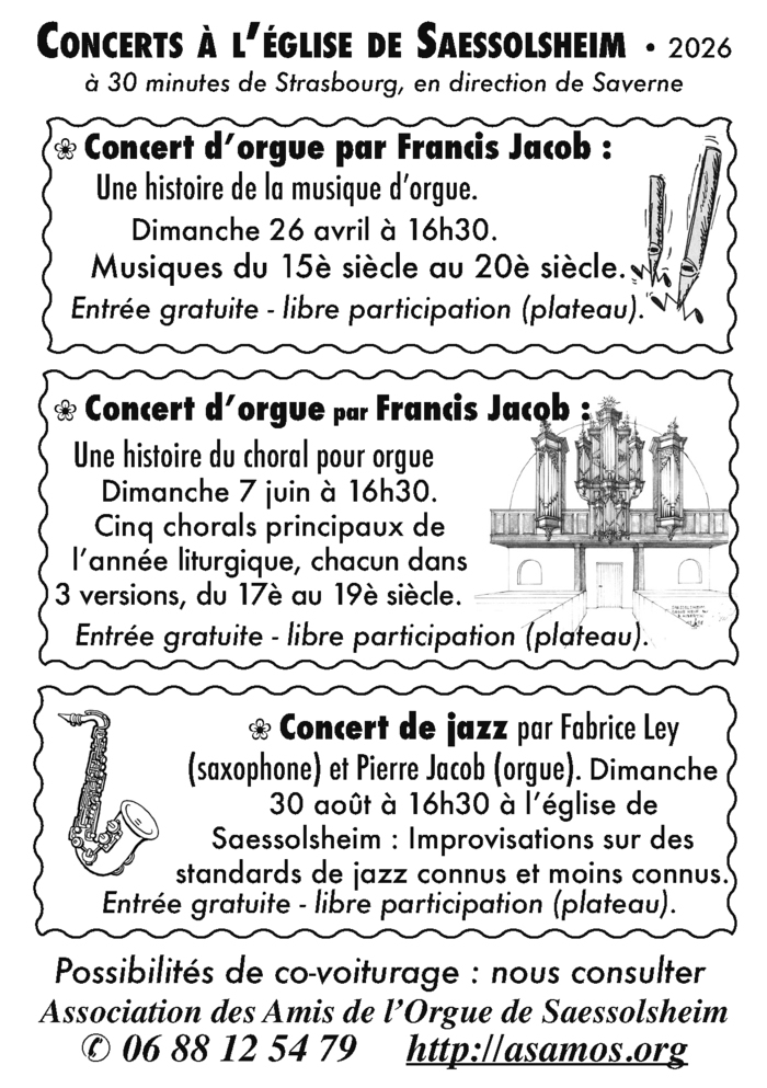 Concert d’orgue par Francis Jacob : « Une histoire de la musique d’orgue ». Saessolsheim (Bas-Rhin), église St-Jean Baptiste Saessolsheim