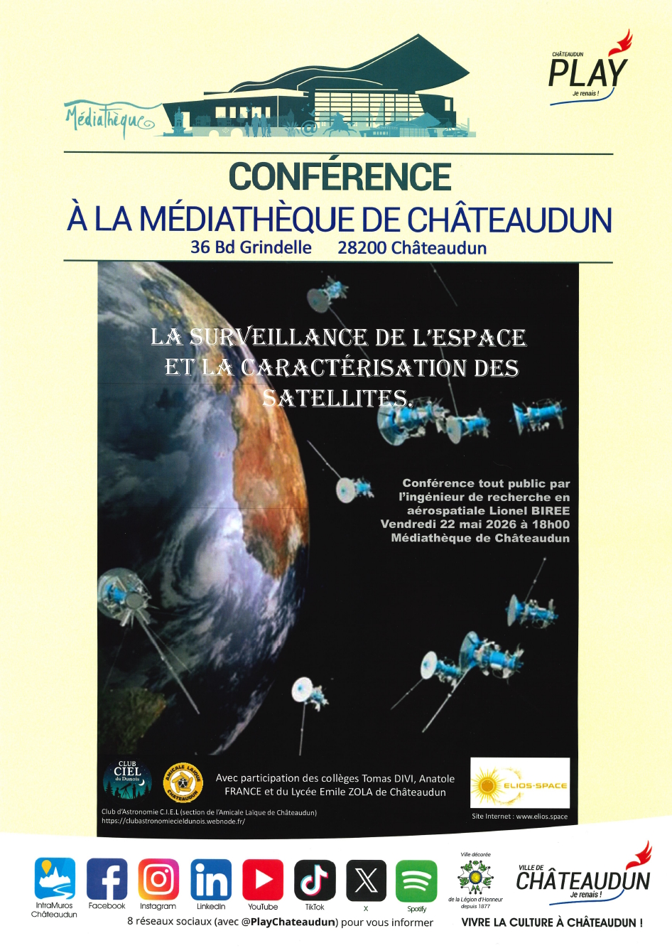 Conférence La Surveillance de l'Espace et la Caractérisation des Satellites Médiathèque Châteaudun 2026-05-22