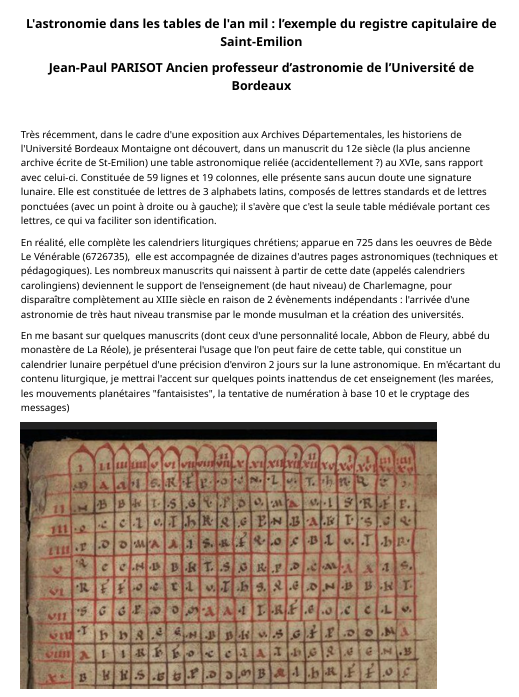 Conférence L&rsquo;astronomie dans les tables de l&rsquo;an mil  Pujols-sur-Ciron