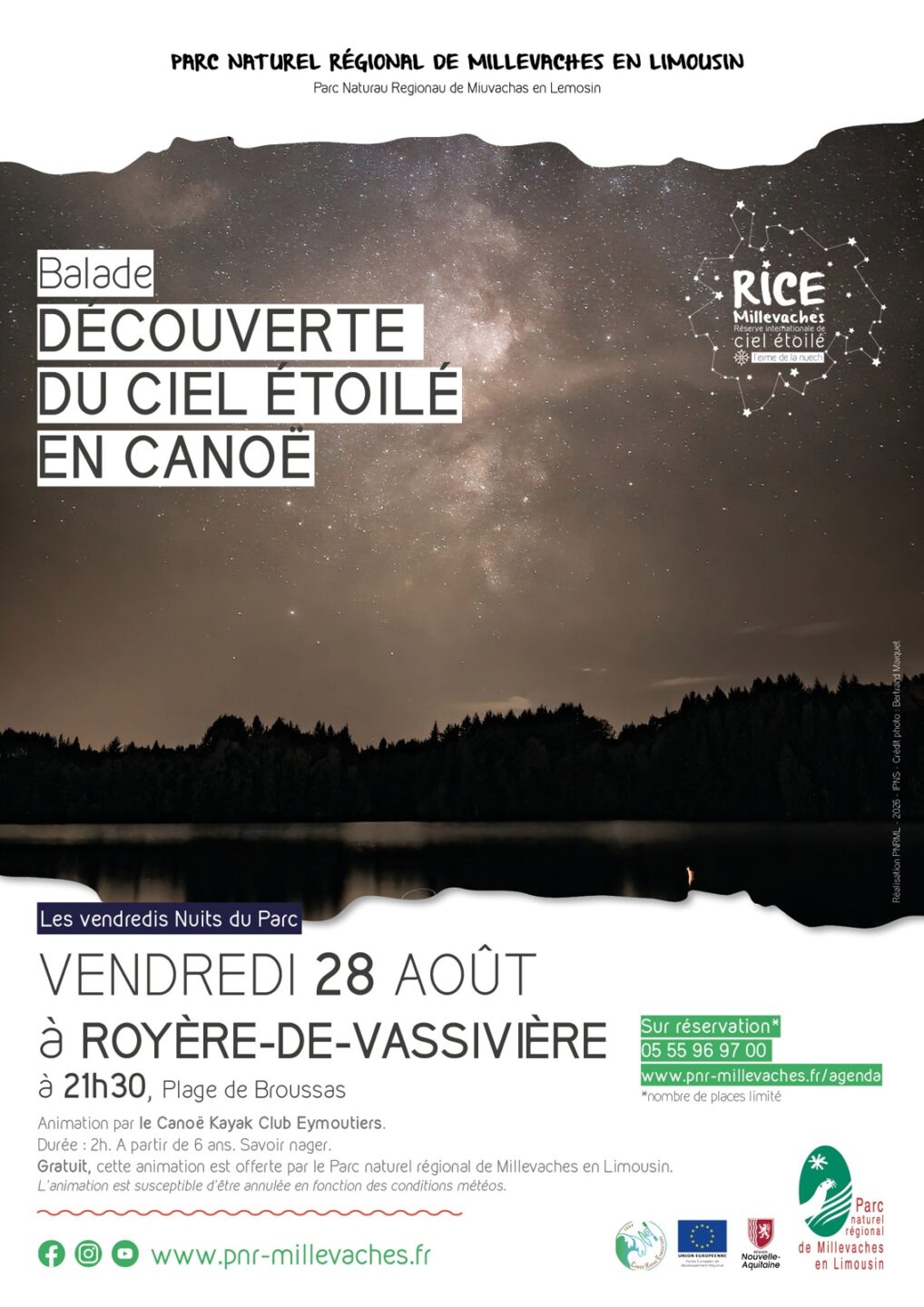 Découverte du Ciel étoilé en canoë Plage de Broussas Royère-de-Vassivière 2026-08-28
