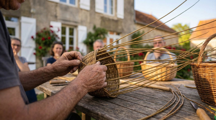 Démonstration de vannerie par Benoît Besancenot. Création de plessis., Le Jardin de Corlée, Langres