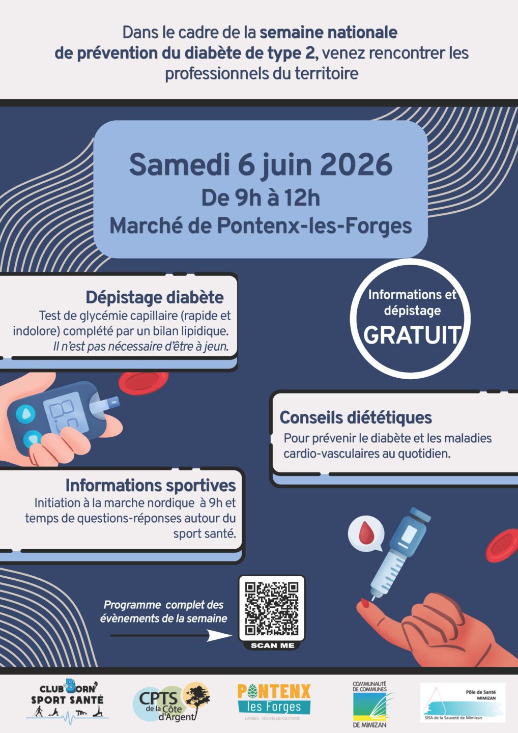 Dépistage gratuit du diabète et infos sur l'alimentation et le sport Place Charles de Gaulle Pontenx-les-Forges 2026-06-06