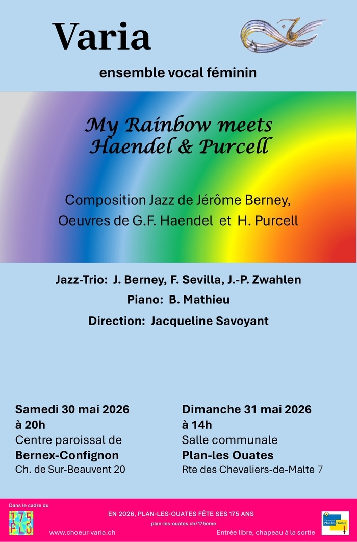 Deux concerts du Chœur Varia en mai 2026 : "My Rainbow meets Haendel & Purcell" Salle Communale de Plan-les-Ouates Genève