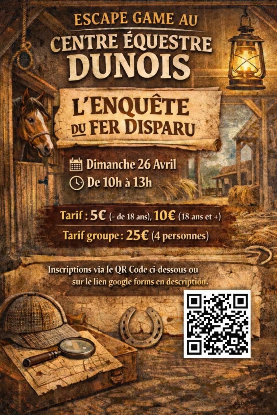 Escape game L'Enquête du Fer Disparu Centre Equestre Dunois Châteaudun 2026-04-26