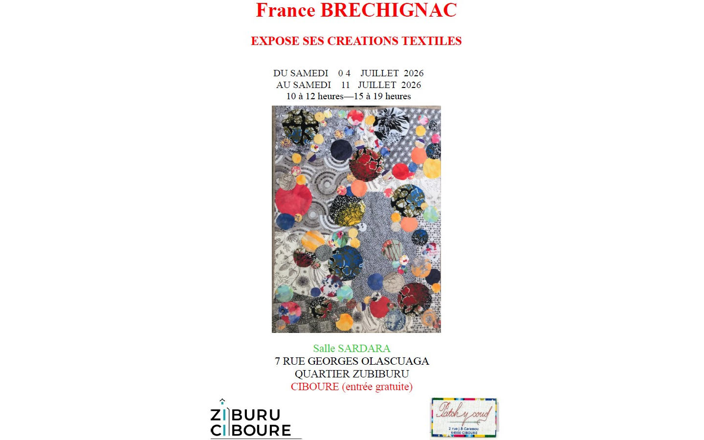 Exposition France BRECHIGNAC expose ses créations textiles 9 Rue Georges Olascuaga Ciboure 2026-07-04