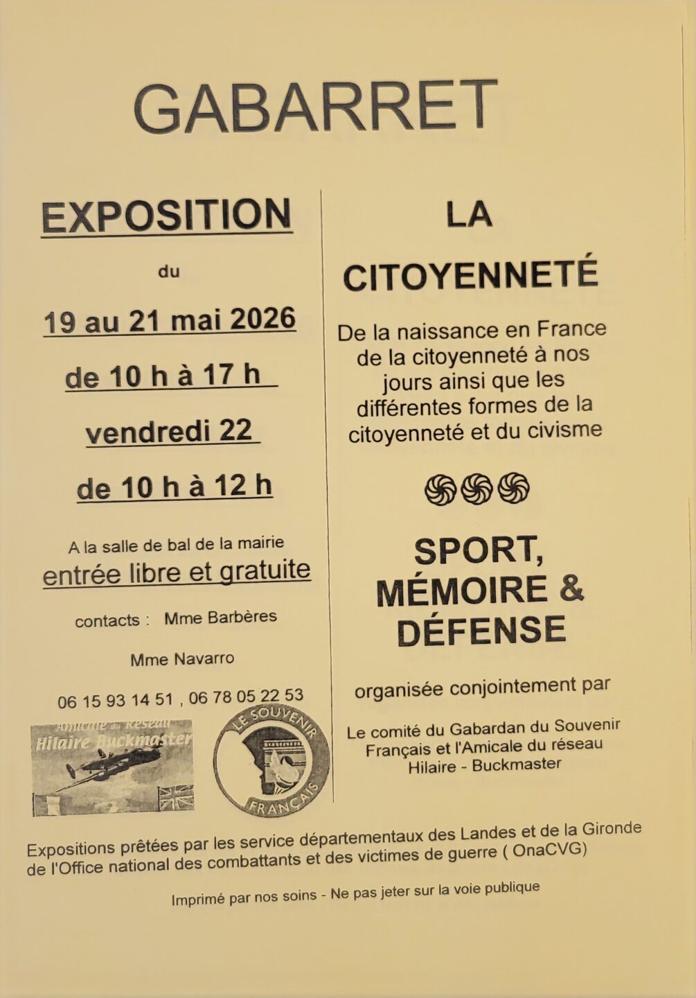 Expositions La Citoyenneté & Sport, Mémoire & Défense Salle de Bal Gabarret
