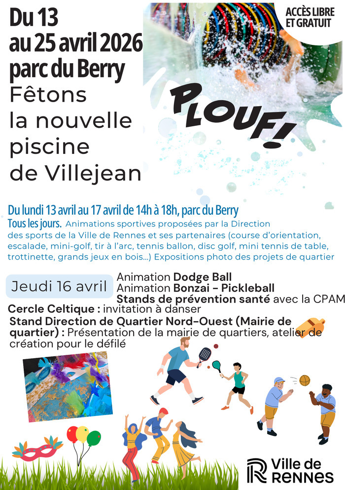 Fêtons la nouvelle piscine de Villejean – Jeudi 16 avril, Parc du Berry, Rennes