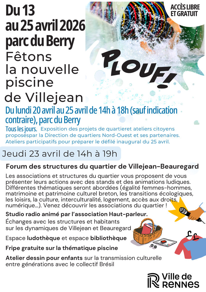 Fêtons la nouvelle piscine de Villejean – Jeudi 23 avril Parc du Berry Rennes