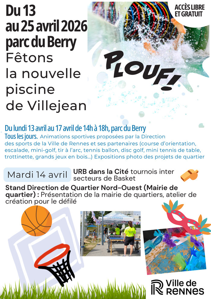 Fêtons l&rsquo;arrivée de la nouvelle piscine – Mardi 14 avril Parc du Berry Rennes