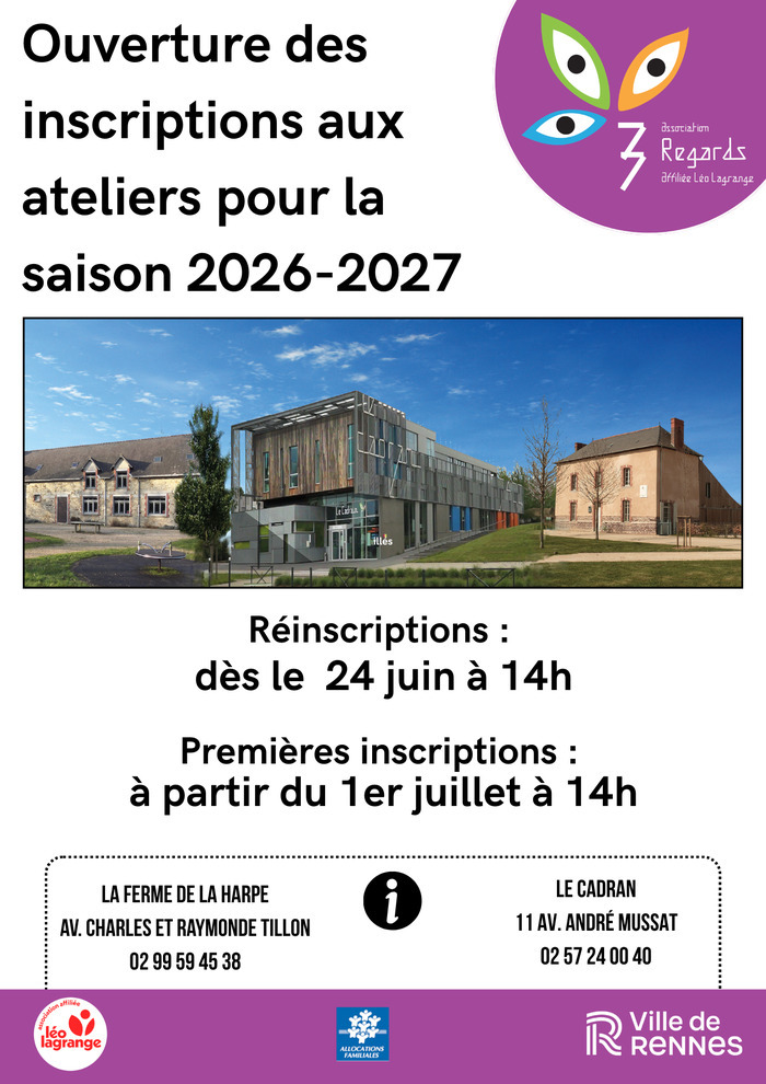 Inscriptions aux ateliers – 2026 / 2027, Le Cadran, Rennes