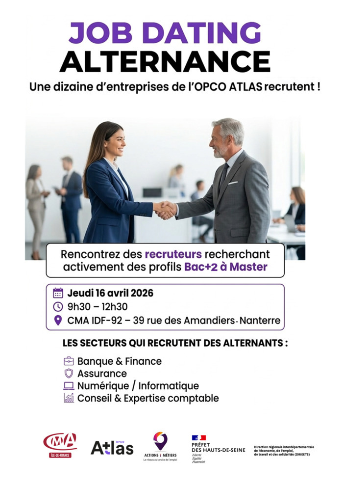 Job Dating ALTERNANCE Chambre de Métiers et de l'Artisanat d'Ile-de-France Hauts-de-Seine (CMA IDF- 92) Nanterre