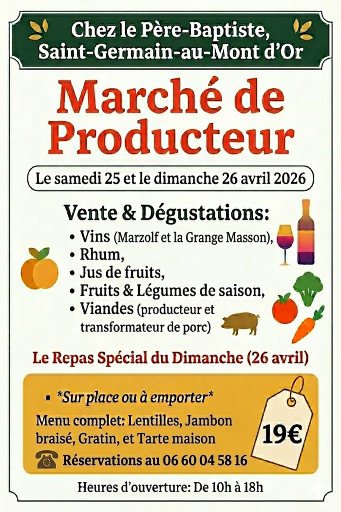 Marché de producteur et repas spécial, Le Père Baptiste, Saint-Germain-au-Mont-d’Or