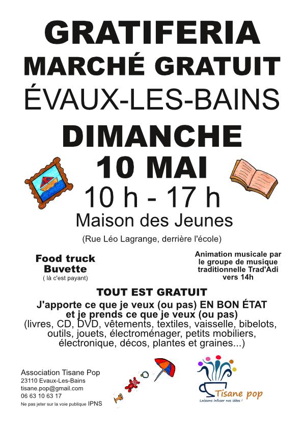 Marché gratuit gratiféria de printemps rue Léo Lagrange Évaux-les-Bains