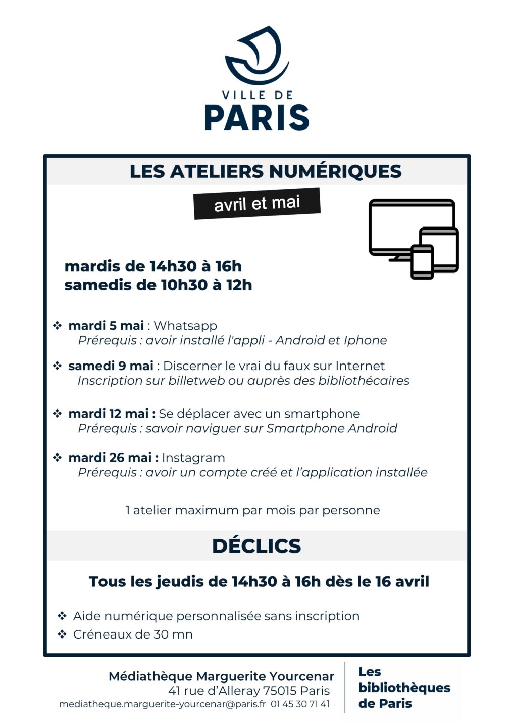 Affiche avec la liste des ateliers numériques de mai 2026