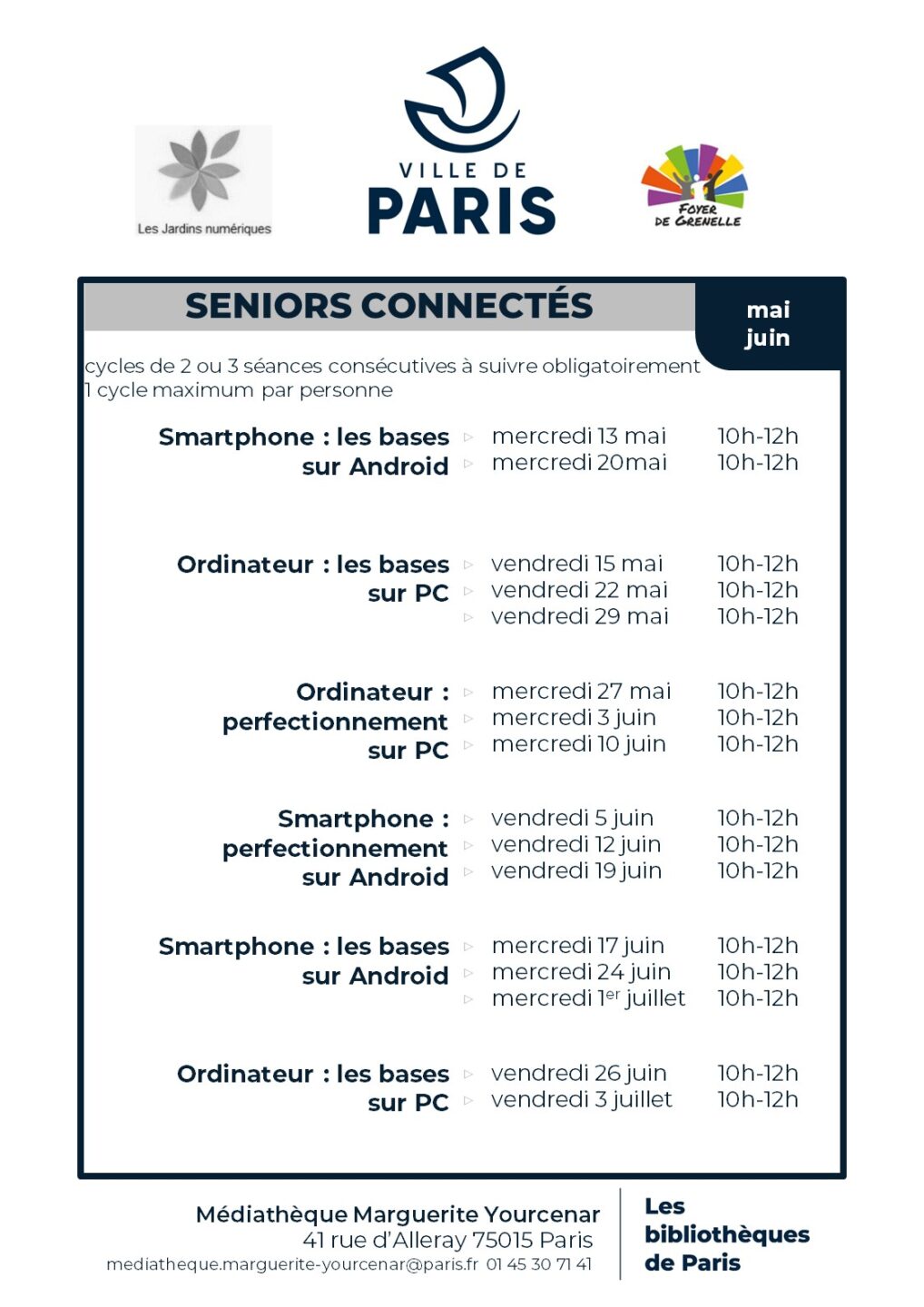 Affiche avec la liste des cycles d'ateliers proposés de mai à juin