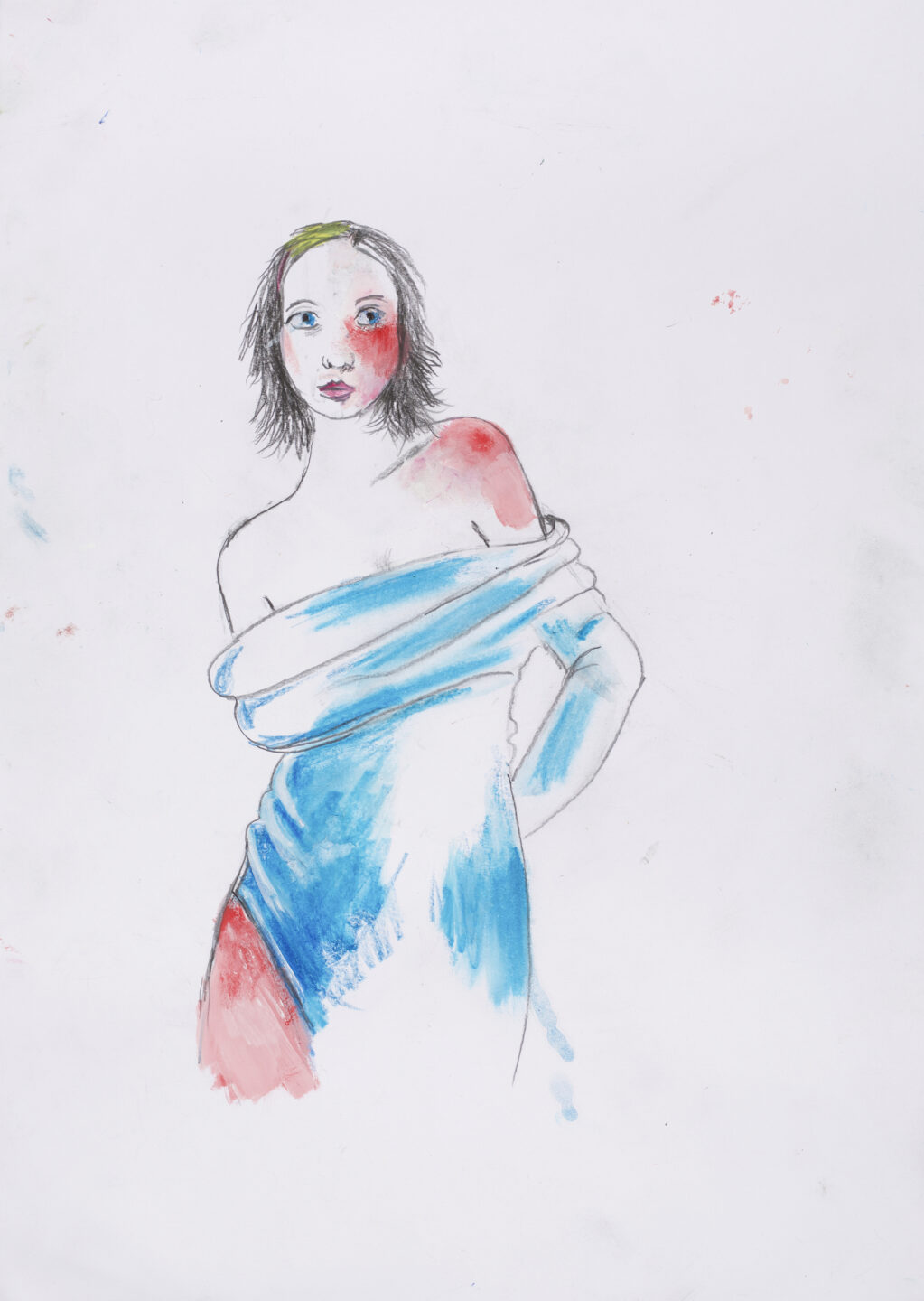 Dessin de Martial Raysse intitulé « La Trop Sage Sylviane ». Figure féminine évocatrice de Marianne, les cheveux flottant au vent, traitée avec une grande douceur poétique. Technique mixte mêlant pastel, gouache et crayon, dans une palette colorée mais délicate. L’attitude de la femme est à la fois touchante et puissante : fragilité apparente et force intérieure. Traits vifs, couleurs vibrantes, sans excès de saturation. L’œuvre joue sur le contraste entre la douceur du visage, la liberté des cheveux mouvementés, et la tension contenue du regard. Une figure résolument moderne, entre hommage républicain et portrait intime.
