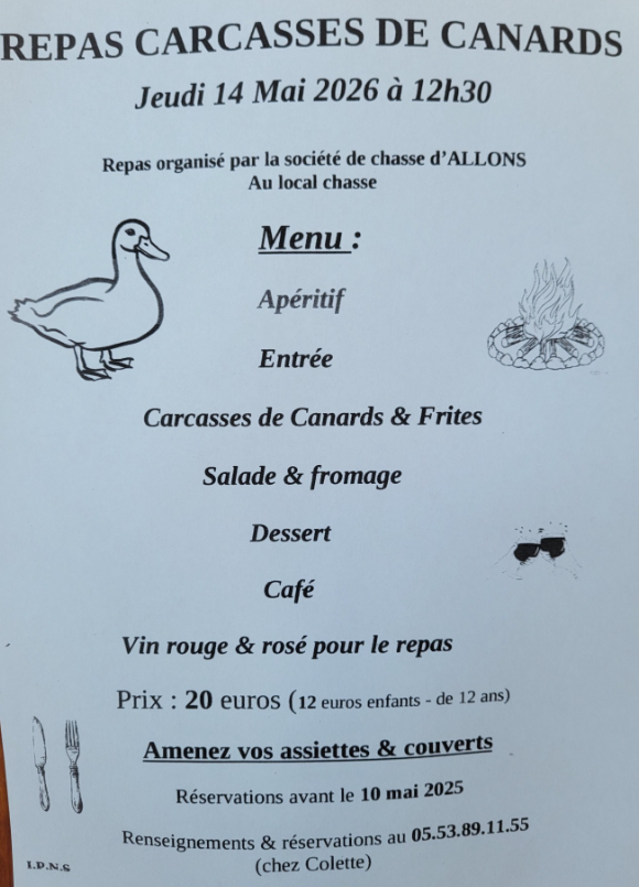 Repas carcasses de canards Local chasse Allons 2026-05-14