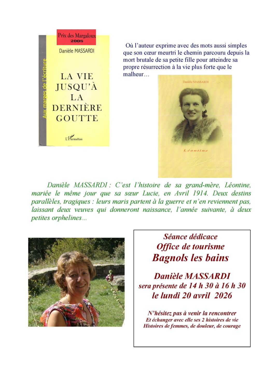 SÉANCE DÉDICACE DANIÈLE MASSARDI Office de tourisme, avenue de la gare Mont Lozère et Goulet