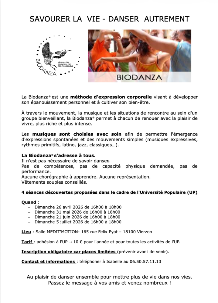Séances découvertes Biodanza Vierzon