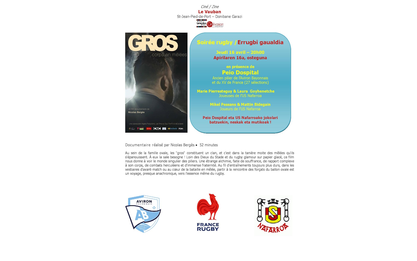 Soirée rugby Errugbi gaualdia. En présence de Peio Dospital et de joueurs de rugby Cinéma Le Vauban Saint-Jean-Pied-de-Port