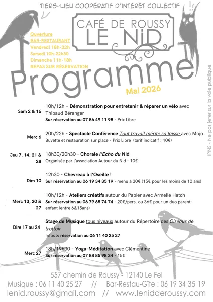 Spectacle conférence Tout travail mérite sa laisse Café de Roussy Le Nid 557 chemin de Roussy Le Fel 2026-05-06