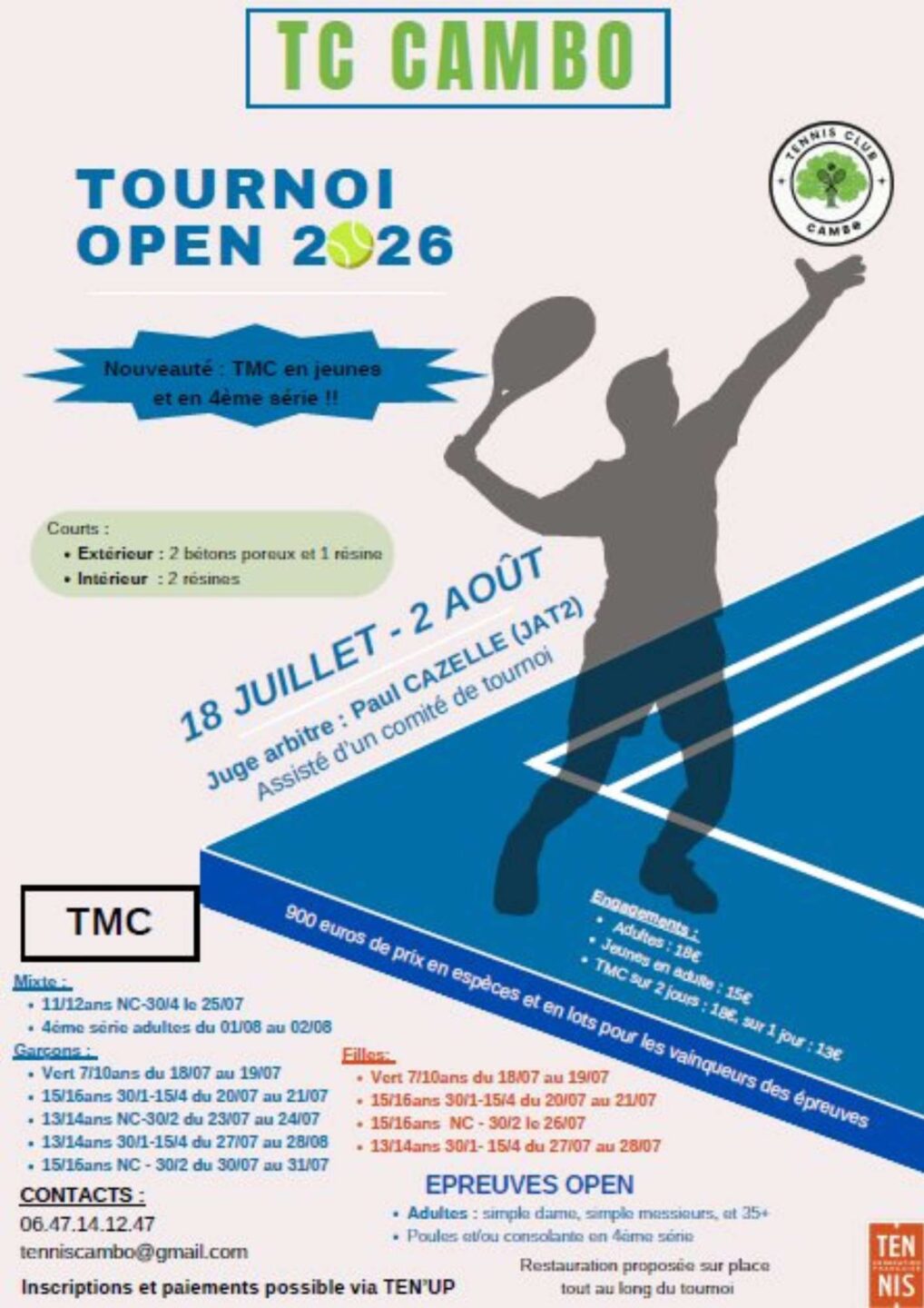 TC Cambo Tournoi de Tennis Open 2026 3 Avenue de Curutchague Cambo-les-Bains 2026-07-18