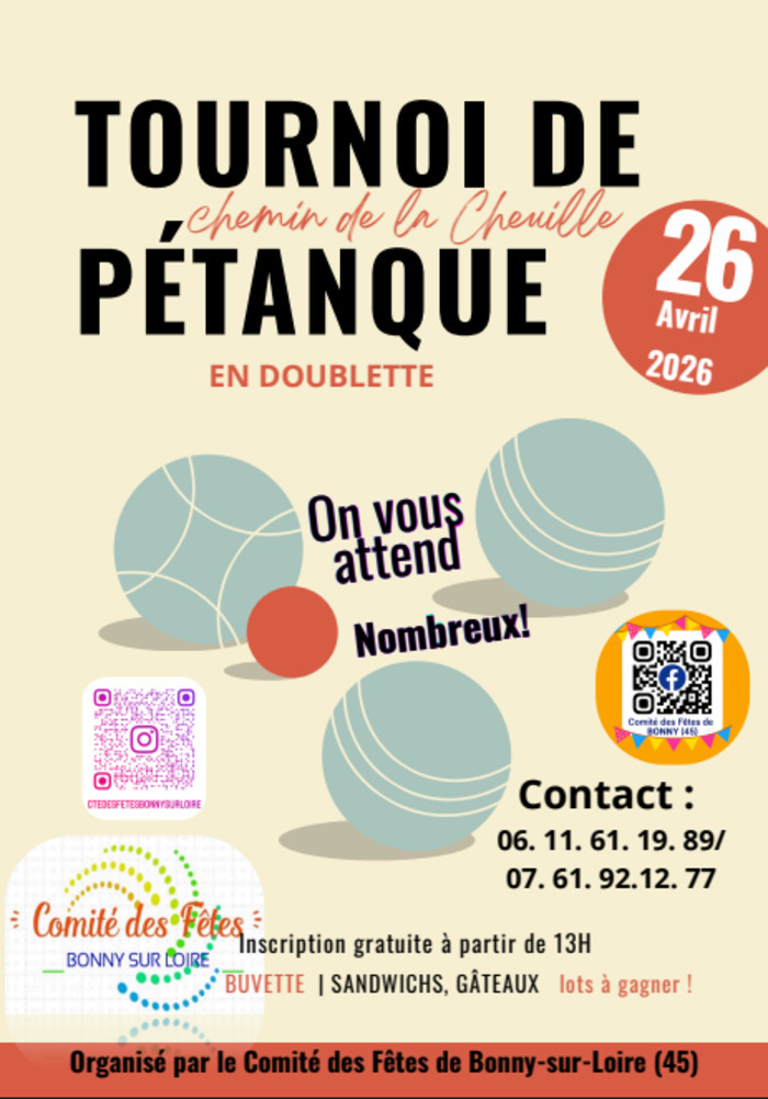 TOURNOI DE PETANQUE AMICAL le 26 avril 2026 à BONNY SUR LOIRE (45) Bords de Cheuille Bonny-sur-Loire