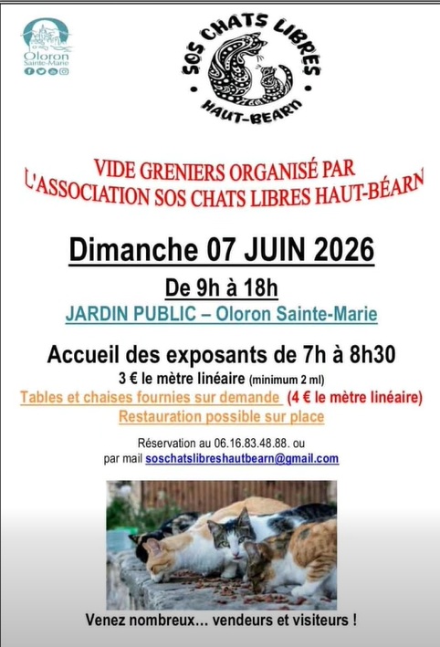 Vide grenier de l'association SOS Chats libres en Haut-Béarn 11 Rue Alfred de Vigny Oloron-Sainte-Marie 2026-06-07