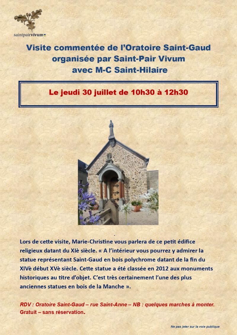 Visite commentée de l'Oratoire Saint-Gaud Devant l'Oratoire Saint-Gaud quelques marches à monter Saint-Pair-sur-Mer 2026-07-30