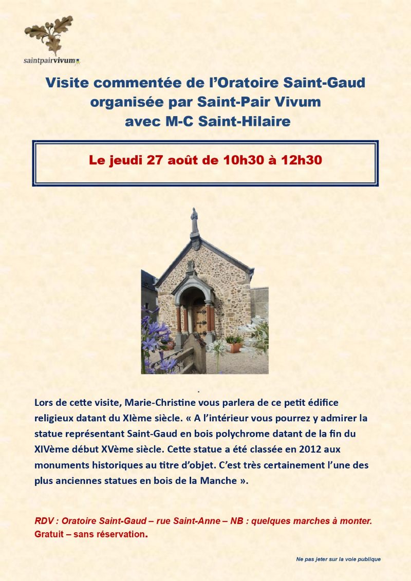 Visite commentée de l'Oratoire Saint-Gaud Devant l'Oratoire Saint-Gaud quelques marches à monter Saint-Pair-sur-Mer 2026-08-27