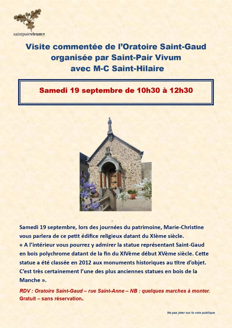 Visite commentée de l'Oratoire Saint-Gaud Devant l'Oratoire Saint-Gaud quelques marches à monter Saint-Pair-sur-Mer 2026-09-19