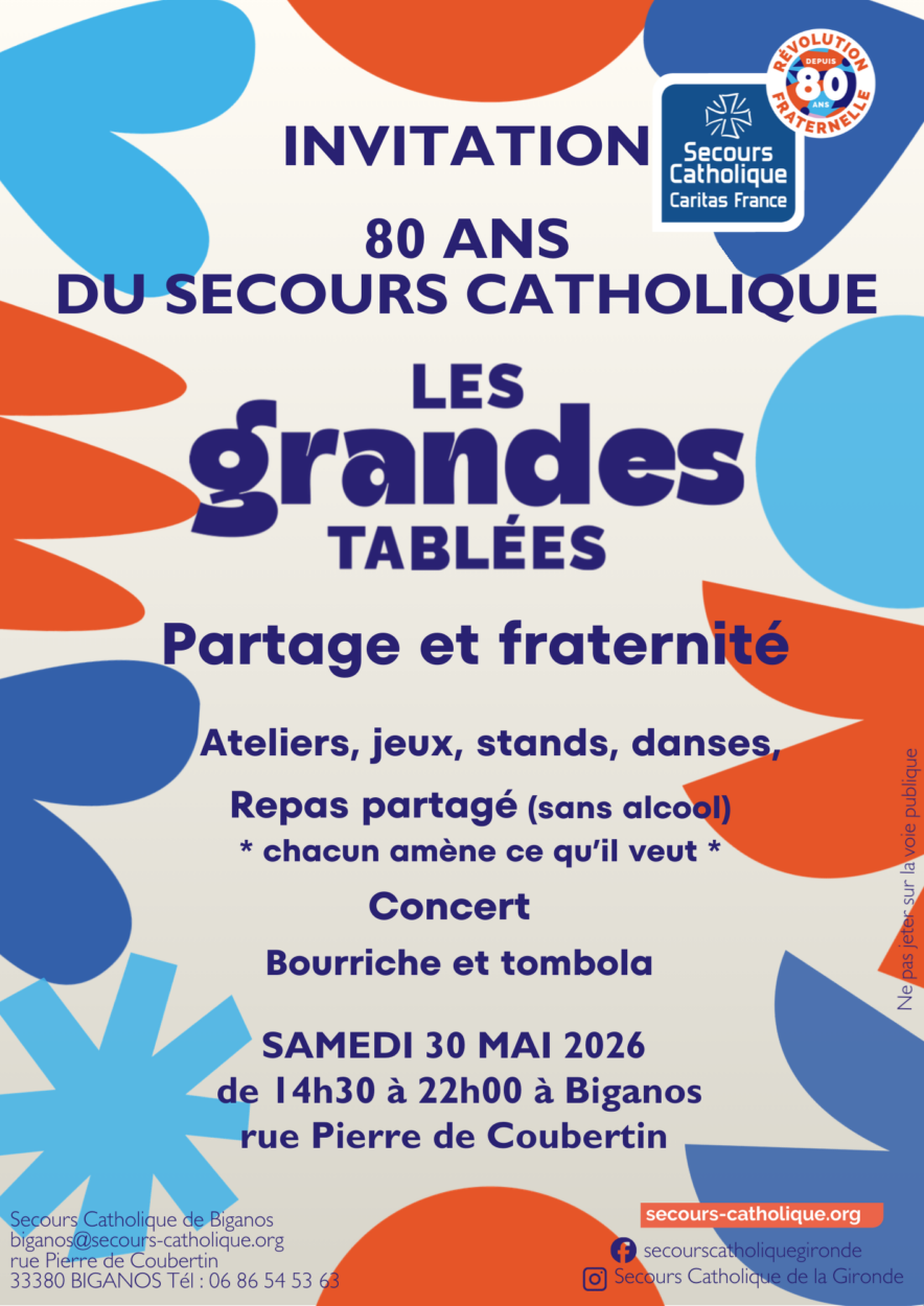 80 ans du secours catholique: les grandes tablées Rue Pierre de Coubertin Biganos 2026-05-30