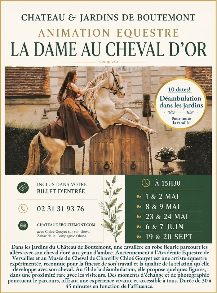 Animation équestre : la dame au cheval d’or, Château et Jardins de Boutemont, Ouilly-le-Vicomte