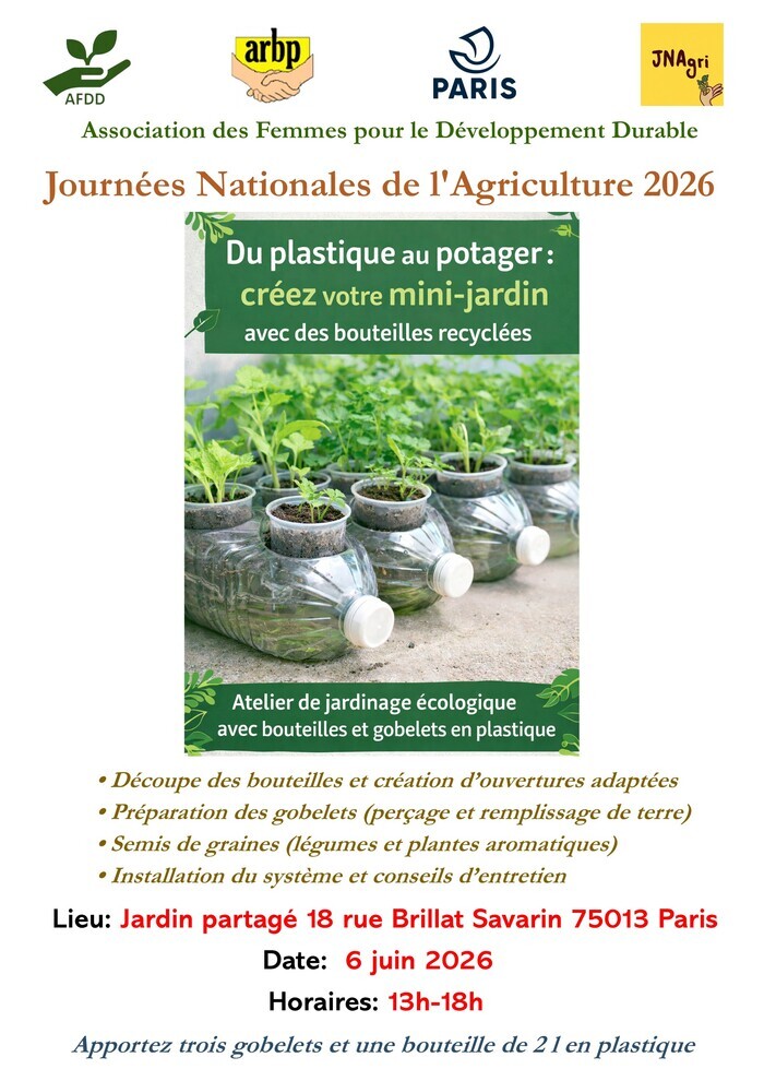 Atelier de jardinage écologique avec bouteilles et gobelets plastiques Jardin partagé Paris