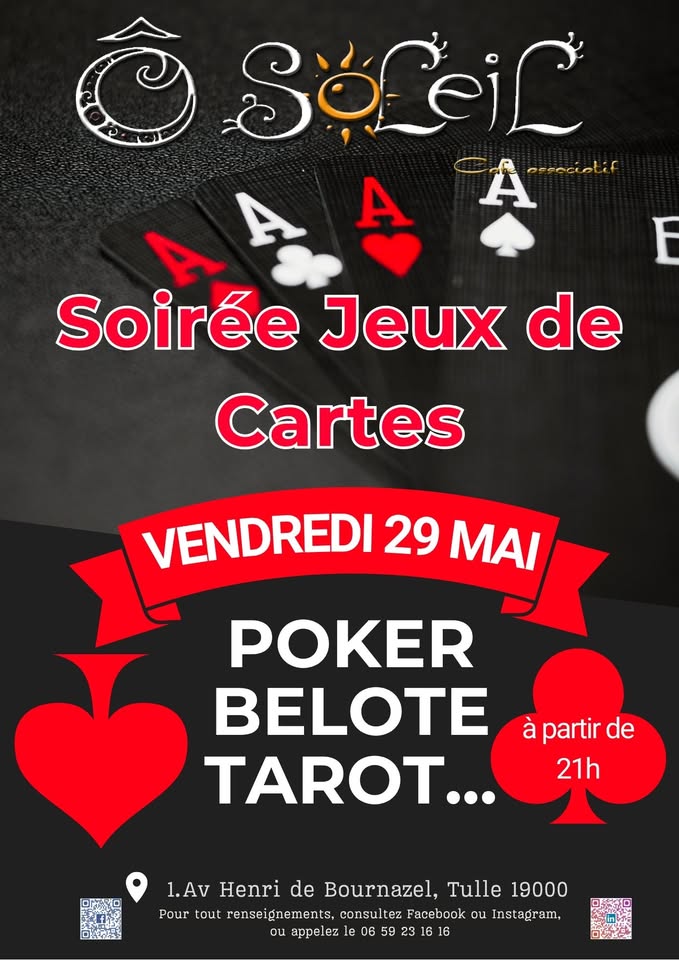 Café O Soleil Soirée jeux de carte 1 Avenue Henri de Bournazel Tulle 2026-05-29