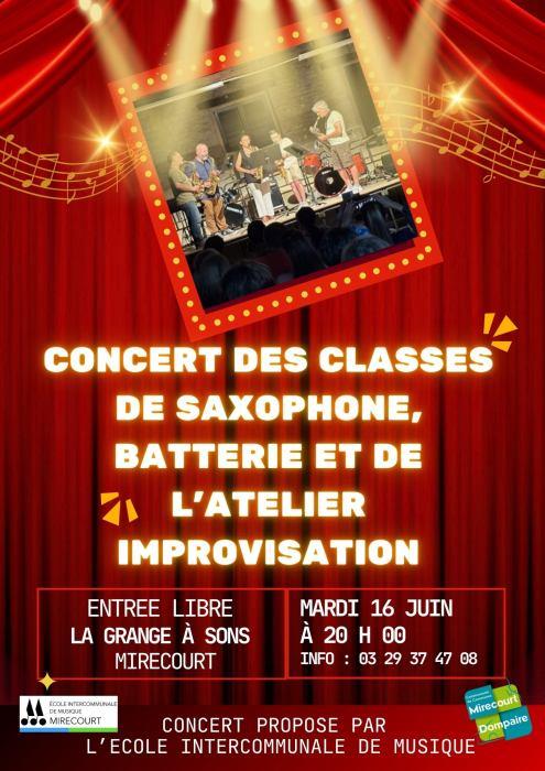 Concert des classes de saxophone et batterie et de l’atelier improvisation Cours Stanislas Mirecourt 2026-06-16