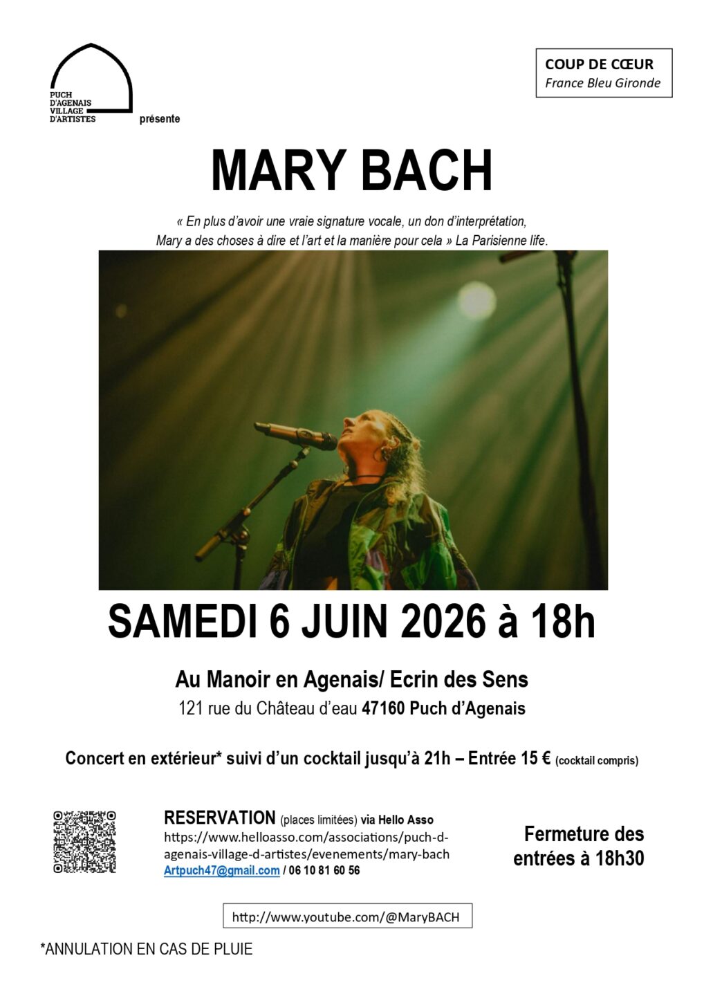Concert MARY BACH 121 rue du Château d'eau Puch-d'Agenais 2026-06-06