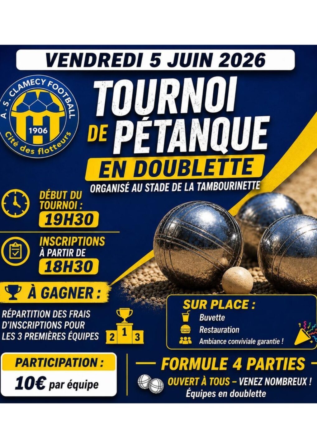 Concours de pétanque en doublette Chemin de la Tambourinette Clamecy 2026-06-05
