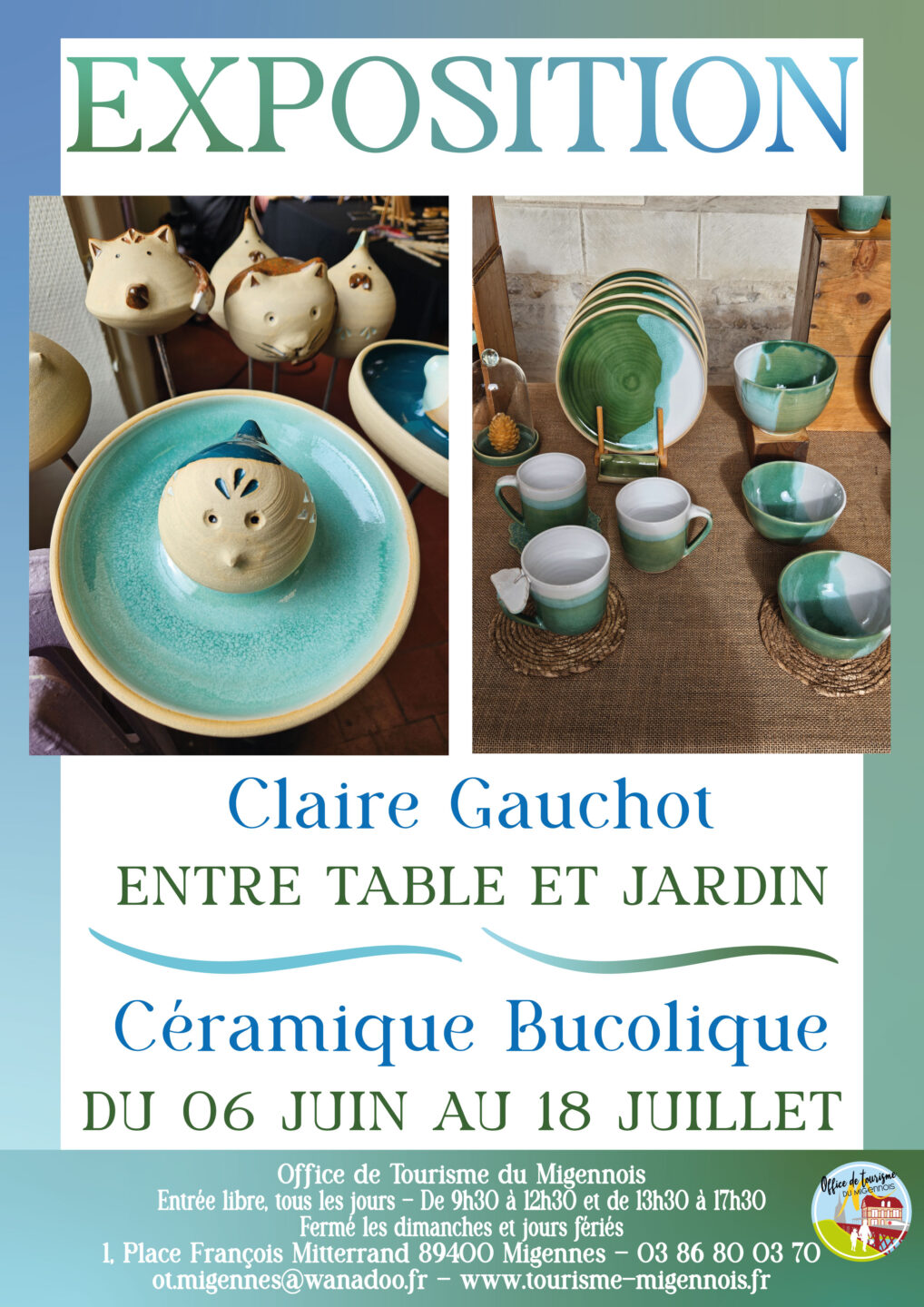 Exposition Entre Table et Jardin Céramique Bucolique Claire Gauchot Office de Tourisme du Migennois Migennes