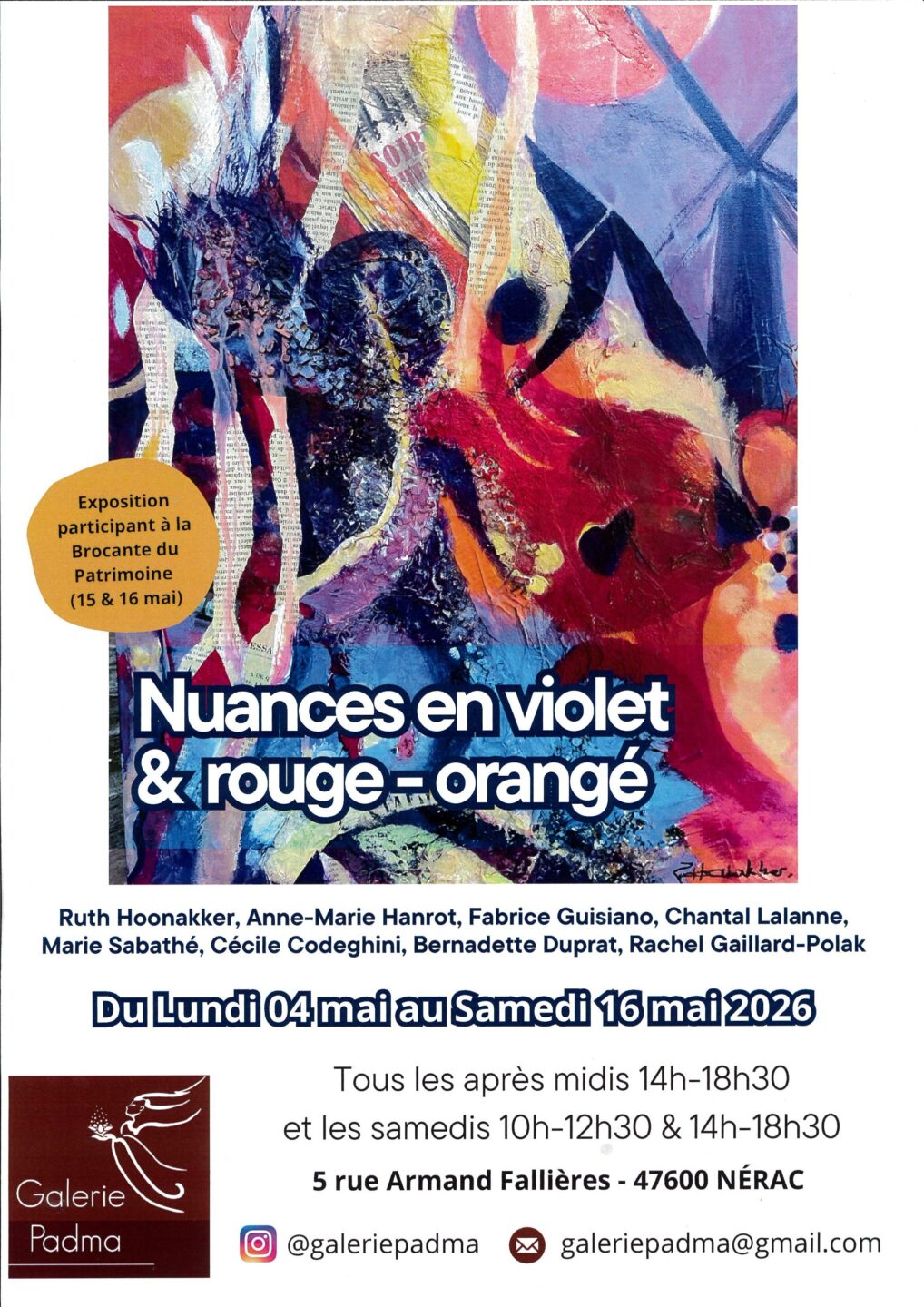 Exposition nuances en violet et rouge-orangé Galerie Padma Nérac