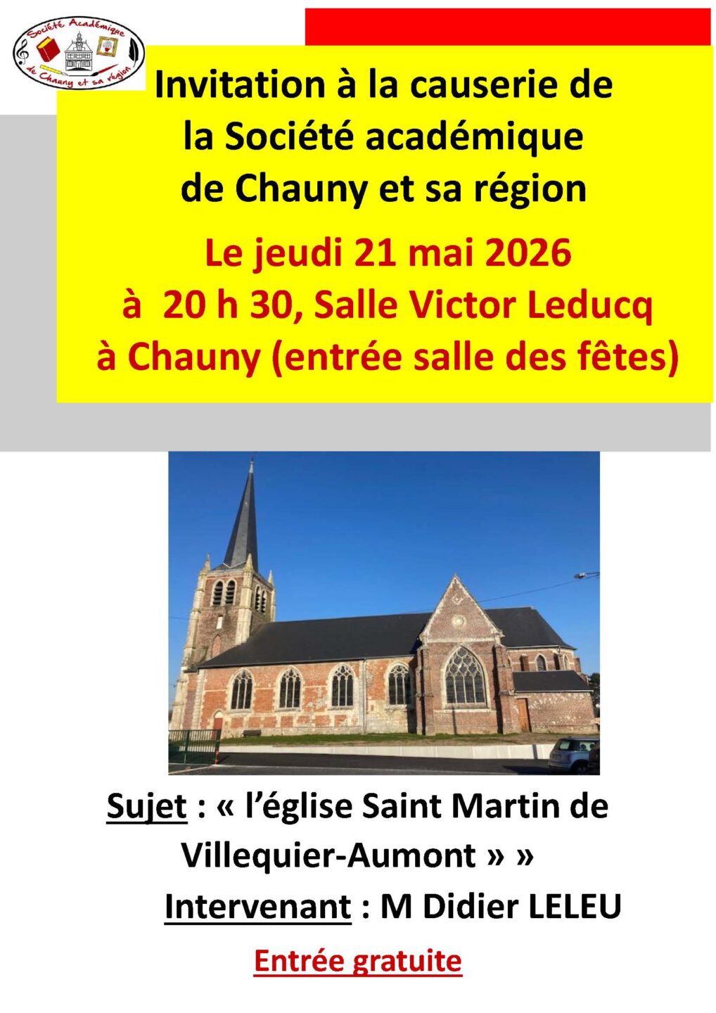 Invitation à la Causerie de la Société Académique de Chauny et sa Région 12 Boulevard Gambetta Chauny 2026-05-21