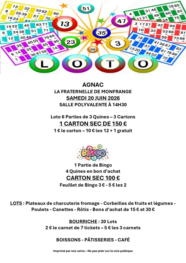 Loto public du club La Fraternelle de Monfrange 46 Route de Meyra Agnac 2026-06-20